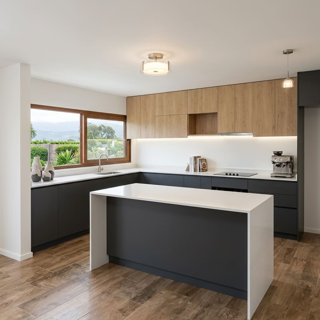 Cocina con isla waterfall, muebles azules y superiores en madera
